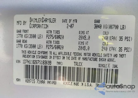2007 Dodge Ram 1500 Slt/Trx4 Off Road/Sport z USA, uszkodzony, nr VIN 1D7HU18267S183699